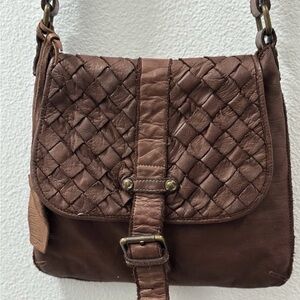 CIVICO 93 Italy Distressed Leather BOHO CROSSBODY Brown Woven Flap Messenger